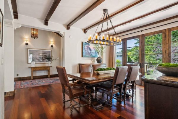 Dining room, Interior, Pendant Lights, Wooden Beams, Wood Texture Flooring