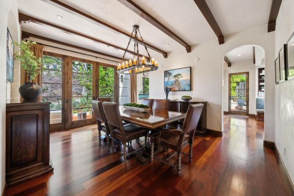 Chandelier, Dining room, Interior, Recessed Lighting, Wooden Beams, Wood Texture Flooring