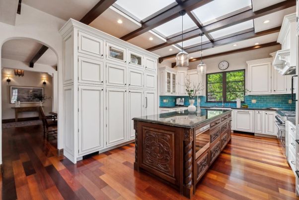 Interior, Kitchen, Pendant Lights, Recessed Lighting, Wooden Beams, Wood Texture Flooring