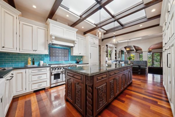 Interior, Kitchen, Pendant Lights, Recessed Lighting, Stainless Steel Appliances, Wooden Beams, Wood Texture Flooring