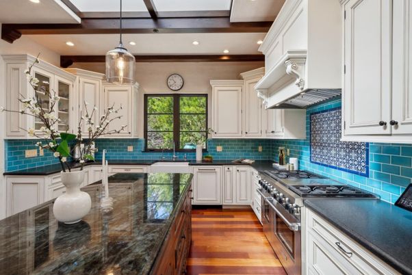 Interior, Kitchen, Pendant Lights, Recessed Lighting, Stainless Steel Appliances, Wooden Beams, Wood Texture Flooring