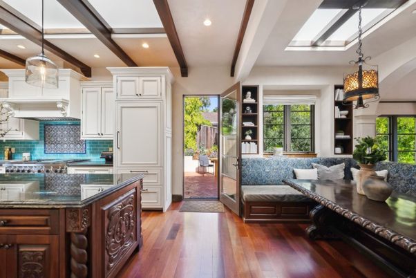 Interior, Kitchen, Pendant Lights, Recessed Lighting, Wooden Beams, Wood Texture Flooring