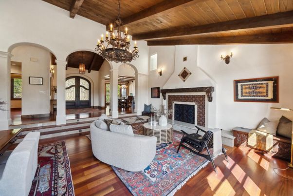 Chandelier, Fireplace, Interior, Living room, Wooden Beams, Wooden Ceilings, Wood Texture Flooring