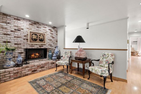 Fireplace, Interior, Recessed Lighting, Stone Walls, Wood Texture Flooring