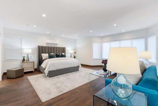 Bedroom, Interior, Recessed Lighting, Wood Texture Flooring