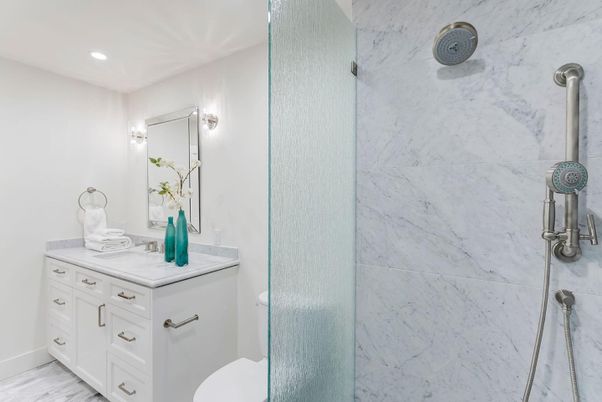 Bathroom, Glass Shower, Interior, Marble Walls, Recessed Lighting
