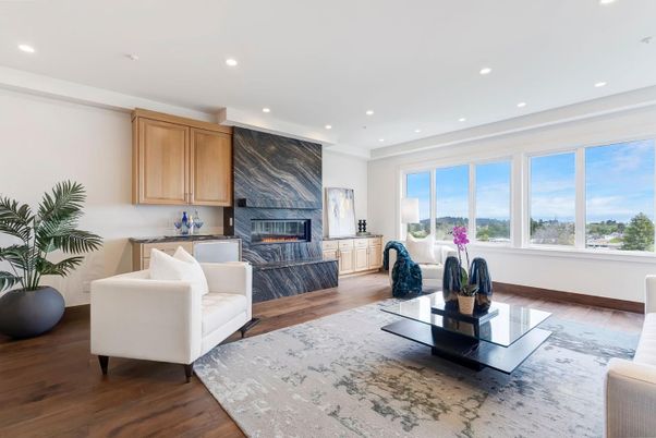 Fireplace, Interior, Living room, Recessed Lighting, Wood Texture Flooring