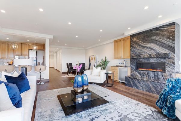 Dining room, Fireplace, Interior, Kitchen, Living room, Pendant Lights, Recessed Lighting, Wood Texture Flooring