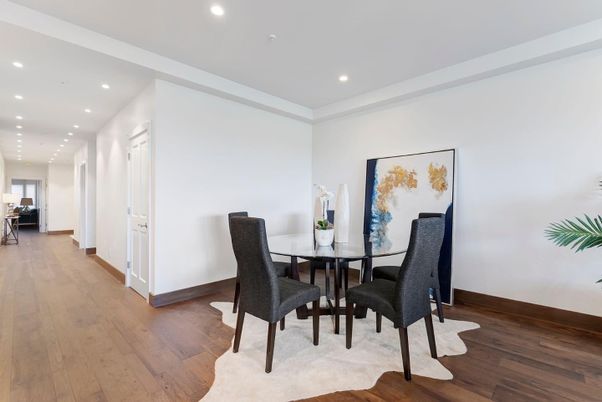 Dining room, Interior, Recessed Lighting, Wood Texture Flooring