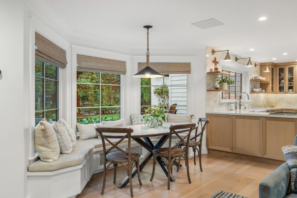 Dining room, Interior, Kitchen, Pendant Lights, Recessed Lighting, Wood Texture Flooring