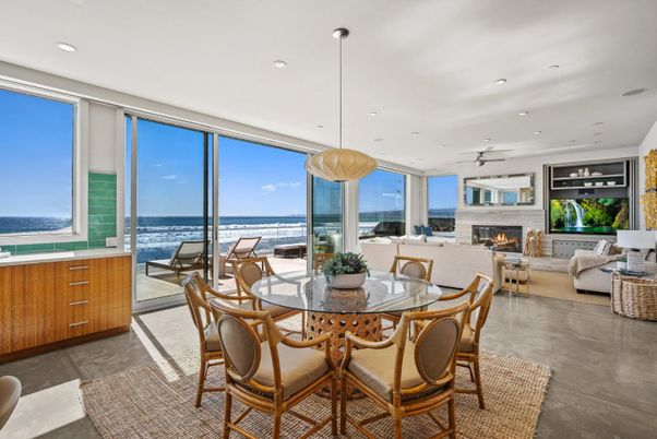 Dining room, Fireplace, Interior, Living room, Pendant Lights, Recessed Lighting, Water