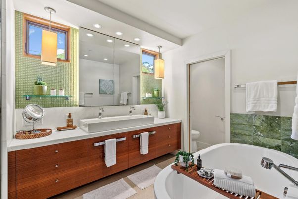Bathroom, Dual Sink Vanities, Interior, Pendant Lights, Recessed Lighting