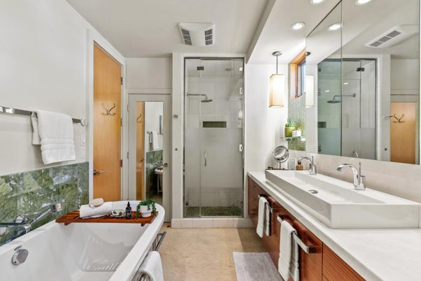 Bathroom, Dual Sink Vanities, Glass Shower, Interior, Recessed Lighting