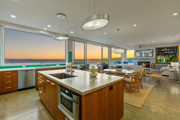 Dining room, Fireplace, Interior, Kitchen, Living room, Pendant Lights, Recessed Lighting, Stainless Steel Appliances, Water