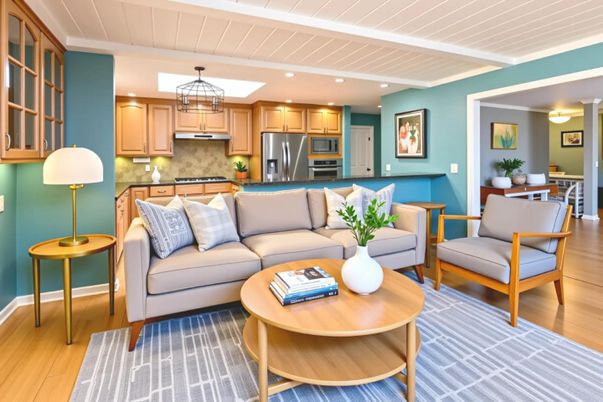 Interior, Kitchen, Living room, Recessed Lighting, Stainless Steel Appliances, Wood Texture Flooring