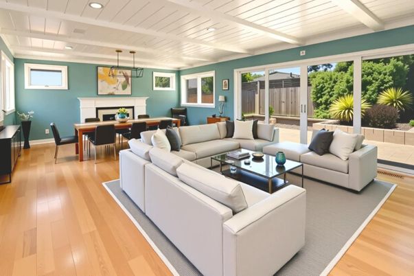 Dining room, Fireplace, Interior, Living room, Pendant Lights, Recessed Lighting, Wood Texture Flooring