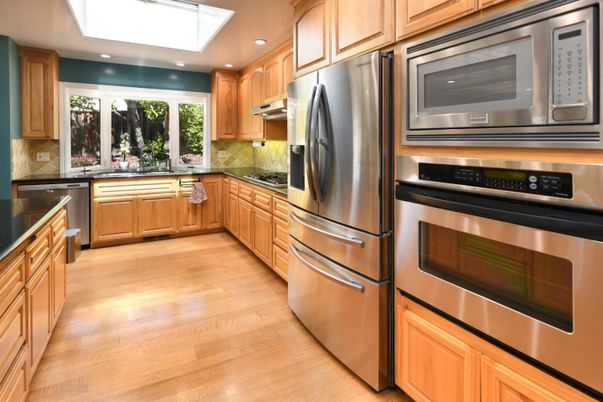 Interior, Kitchen, Recessed Lighting, Stainless Steel Appliances, Wood Texture Flooring