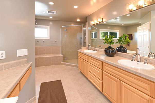 Bathroom, Dual Sink Vanities, Glass Shower, Interior, Recessed Lighting, Tile Countertops