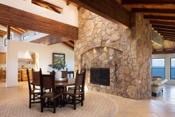 Dining room, Fireplace, Interior, Stone Walls, Water, Wooden Beams, Wooden Ceilings