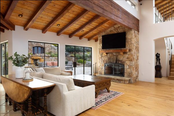 Fireplace, Interior, Living room, Recessed Lighting, Wooden Beams, Wooden Ceilings, Wood Texture Flooring