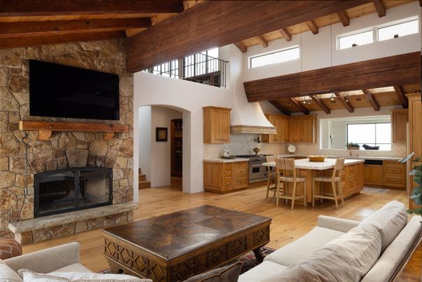 Dining room, Fireplace, Interior, Kitchen, Living room, Pendant Lights, Stone Walls, Wooden Beams, Wooden Ceilings, Wood Texture Flooring