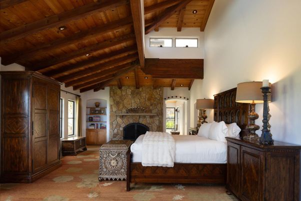 Bedroom, Fireplace, Interior, Recessed Lighting, Stone Walls, Wooden Beams, Wooden Ceilings