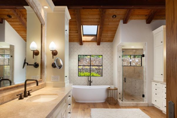 Bathroom, Dual Sink Vanities, Free Standing Baths, Glass Shower, Interior, Recessed Lighting, Wooden Beams, Wooden Ceilings, Wood Texture Flooring