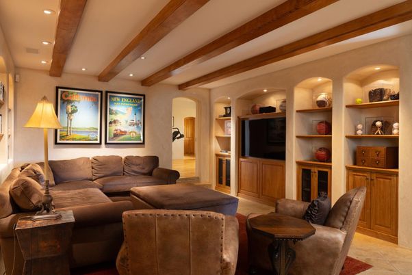 Interior, Living room, Recessed Lighting, Wooden Beams