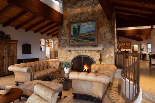 Fireplace, Interior, Living room, Recessed Lighting, Stone Walls, Wooden Beams, Wooden Ceilings