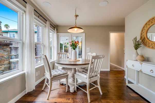 Dining room, Interior, Pendant Lights, Wood Texture Flooring