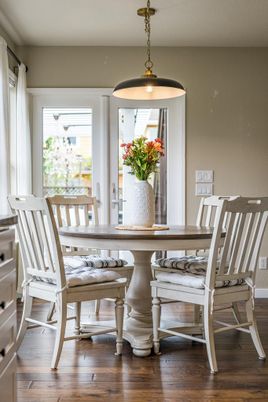 Dining room, Interior, Pendant Lights, Wood Texture Flooring