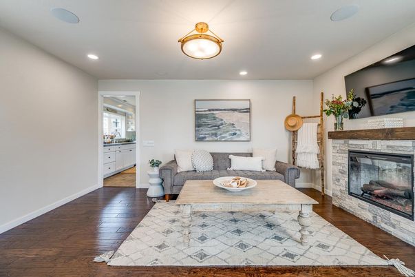 Fireplace, Interior, Living room, Recessed Lighting, Wood Texture Flooring