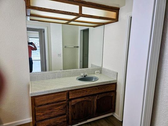 Bathroom, Dual Sink Vanities, Interior, Tile Countertops, Wood Texture Flooring