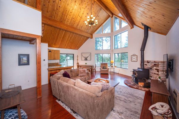 Chandelier, Dining room, Fireplace, Interior, Living room, Wooden Beams, Wooden Ceilings, Wood Texture Flooring