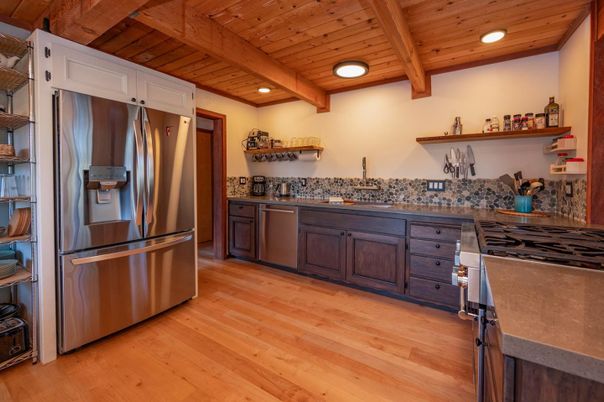 Interior, Kitchen, Recessed Lighting, Stainless Steel Appliances, Wooden Beams, Wooden Ceilings, Wood Texture Flooring