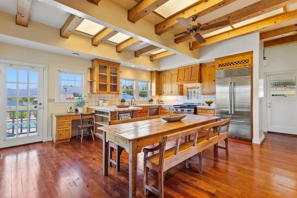 Interior, Kitchen, Recessed Lighting, Stainless Steel Appliances, Wooden Beams, Wood Texture Flooring