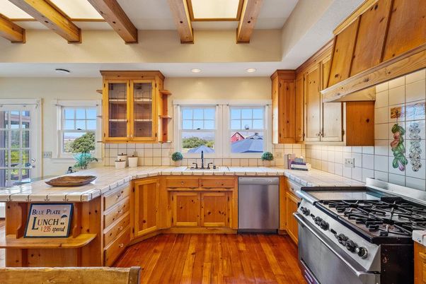 Interior, Kitchen, Recessed Lighting, Stainless Steel Appliances, Tile Countertops, Wooden Beams, Wood Texture Flooring