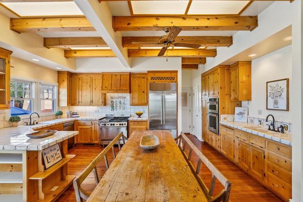 Interior, Kitchen, Recessed Lighting, Stainless Steel Appliances, Tile Countertops, Wooden Beams, Wood Texture Flooring