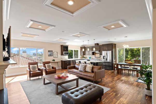 Dining room, Interior, Kitchen, Living room, Pendant Lights, Recessed Lighting, Stainless Steel Appliances, Wood Texture Flooring