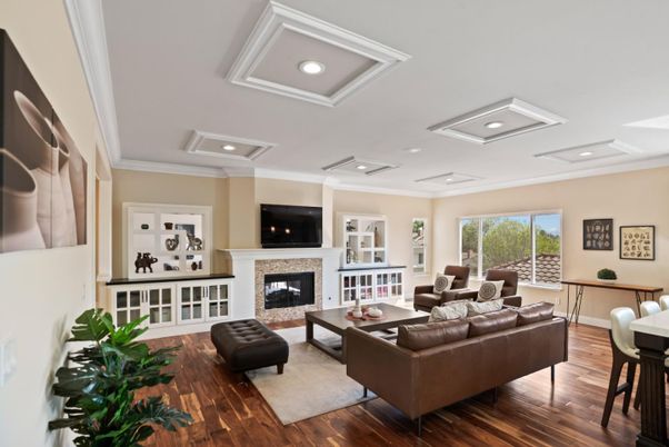Fireplace, Interior, Living room, Recessed Lighting, Wood Texture Flooring