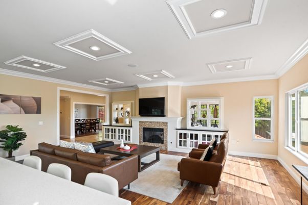 Dining room, Fireplace, Interior, Living room, Recessed Lighting, Wood Texture Flooring