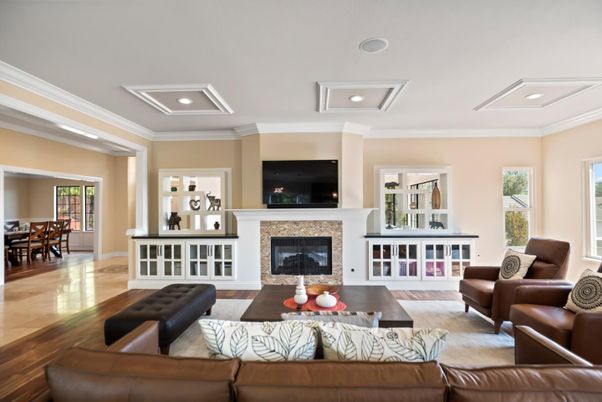 Dining room, Fireplace, Interior, Living room, Recessed Lighting, Wood Texture Flooring