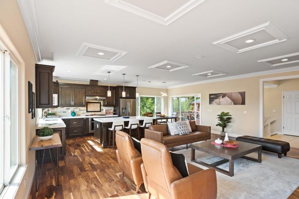 Dining room, Interior, Kitchen, Living room, Pendant Lights, Recessed Lighting, Wood Texture Flooring
