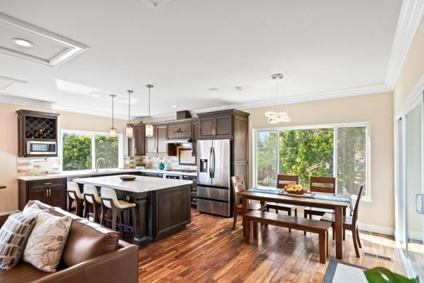 Dining room, Interior, Kitchen, Pendant Lights, Recessed Lighting, Stainless Steel Appliances, Wood Texture Flooring