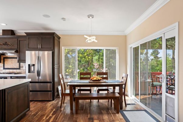 Dining room, Interior, Kitchen, Pendant Lights, Recessed Lighting, Stainless Steel Appliances, Wood Texture Flooring