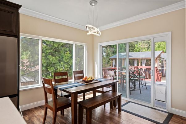 Dining room, Interior, Pendant Lights, Wood Texture Flooring