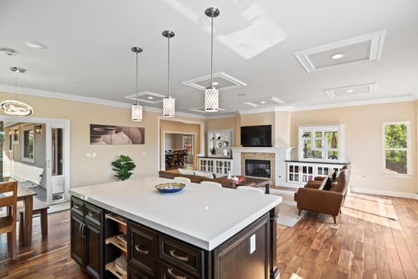 Dining room, Fireplace, Interior, Kitchen, Living room, Pendant Lights, Recessed Lighting, Wood Texture Flooring