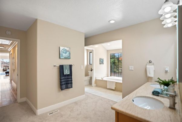 Bathroom, Dual Sink Vanities, Interior, Recessed Lighting, Wood Texture Flooring