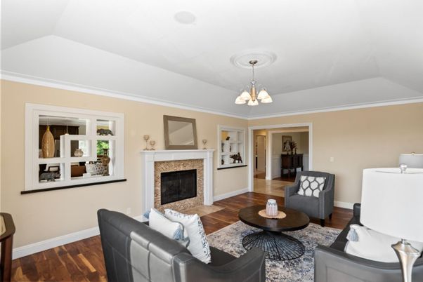 Fireplace, Interior, Living room, Pendant Lights, Wood Texture Flooring