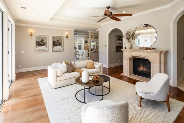 Dining room, Fireplace, Interior, Living room, Recessed Lighting, Wood Texture Flooring